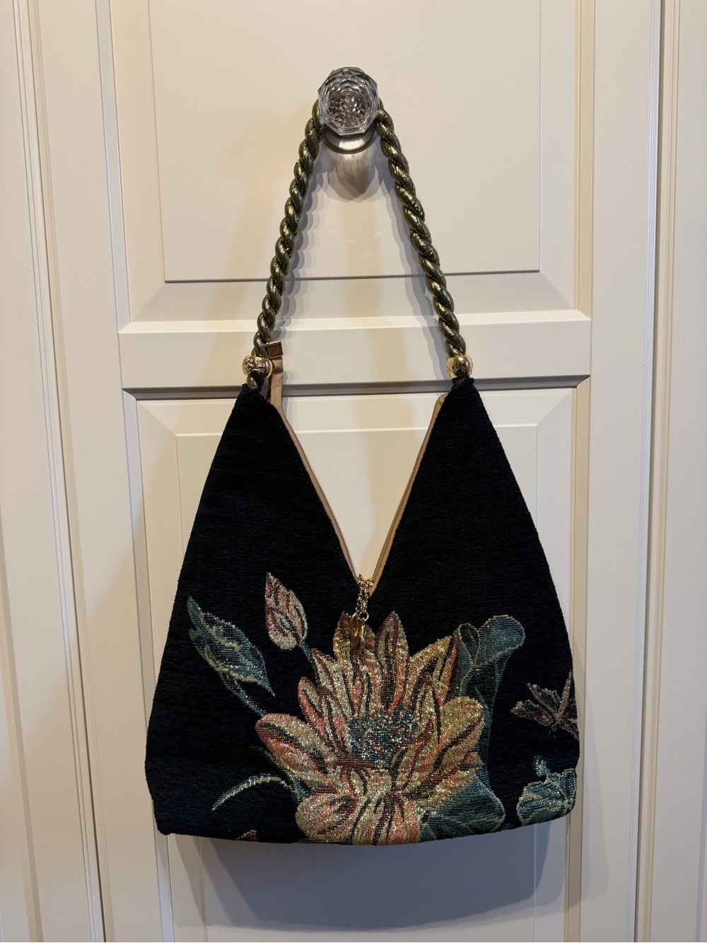 Floral Embroidered Black Shoulder Bag
